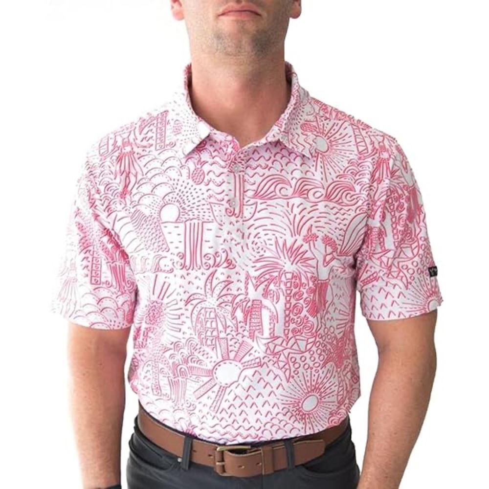 Yatta Golf Shirt Mens XXL Pink Geometric Hawaiian Performance Polo‎